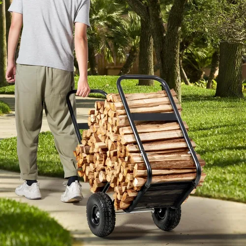Vista 8 de VEVOR Carrito de leña, capacidad de 250 libras, carretilla de acero resistente negro con ruedas de PU y cubierta impermeable, almacenamiento
