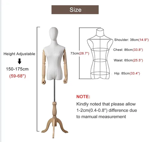 Vista 3 de Adjustable Female Dress Form Mannequin with Wooden Tripod Stand & Arm - Half Body Clothing Display Dummy for Tailoring & Design, with Head