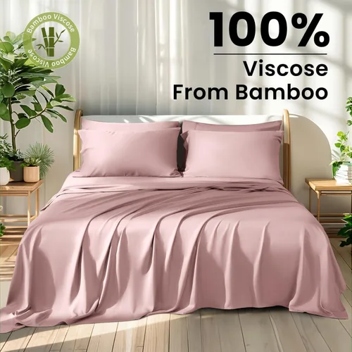 Vista 216 de Shilucheng Sábanas 100% viscosa derivada de bambú, tamaño matrimonial, 4 piezas, ultra refrescantes y sedosas, bolsillo profundo de 16 pulgadas