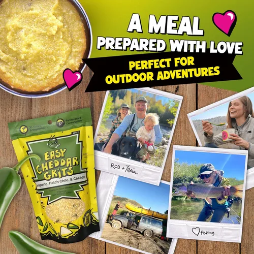 Vista 3 de Sémola de maíz amarillo con jalapeño con queso cheddar + chile verde Hatch + ajo, de FishSki Provisions, bolsas de 6 oz, paquete de 6