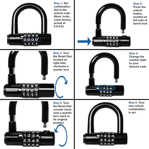 Vista 9 de DocksLocks Juego de candado de cable de seguridad (5' a 25') extremos en bucle, resistente a la intemperie, cerradura compacta sin llave en U