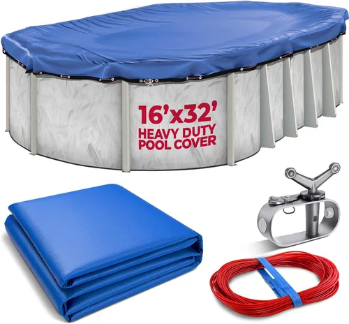 Vista 10 de Cubierta ovalada de alta calidad para alberca de invierno de alta resistencia de 12 x 24 pies, color azul rey, extragruesa y duradera, a prueba