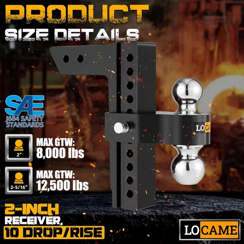 Vista 2 de LOCAME Enganche de remolque ajustable, solo se adapta a receptor de 2 pulgadas, enganche de caída de aluminio de 10 pulgadas, enganche de remolque