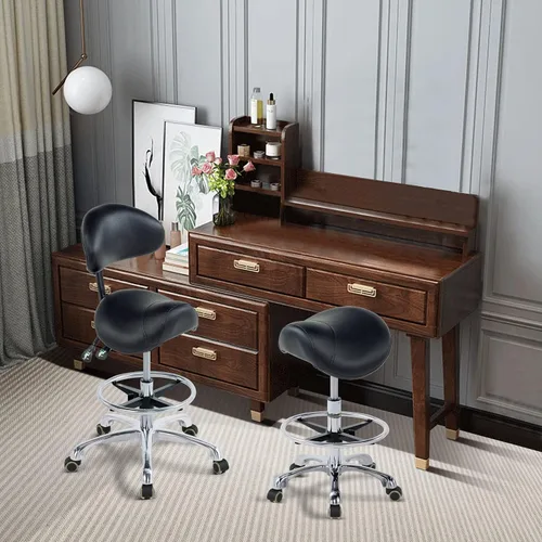 Vista 2 de Grace&Grace Taburete ergonómico con ruedas, taburete giratorio ajustable con respaldo y reposapiés, resistente para esteticista, artista, dental