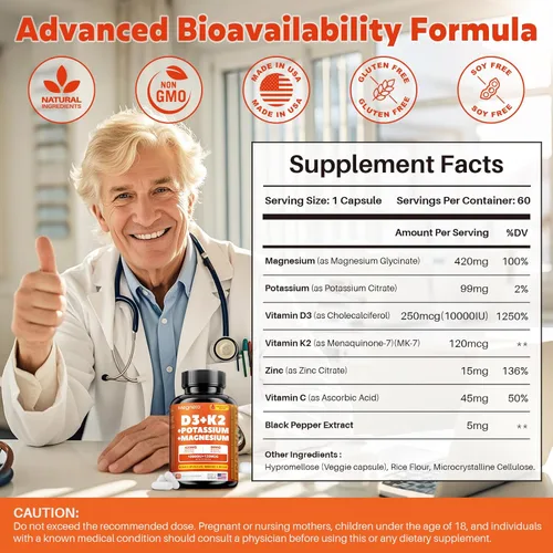 Vista 6 de Vitamina D3 K2 (MK-7) 10,000 UI con glicinato de magnesio y suplemento de potasio – Complejo sistémico para apoyo óseo, muscular, corazón, inmune