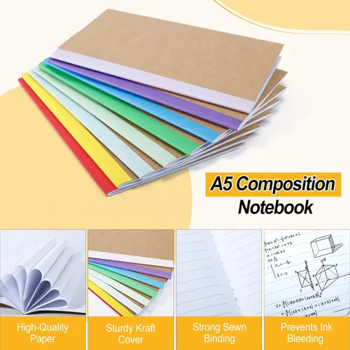 Vista 3 de Paquete de 24 cuadernos de composición a granel, cuadernos de papel kraft A5, diarios rayados a granel con espinas arcoíris, 60 páginas, 30 hojas