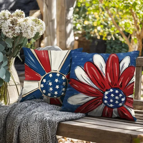 Vista 6 de Juego de 2 fundas de almohada para exterior del 4 de julio de 16x16, fundas de almohada patrióticas con estrellas y fuegos artificiales, fundas
