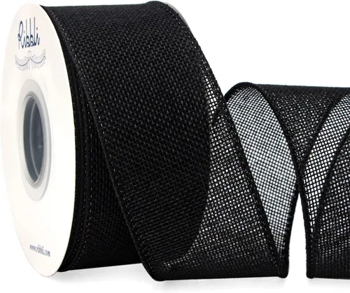 Ribbli - Cinta con alambre negra, 2 pulgadas x 10 yardas continuas, cinta con borde alambreado para arco grande, corona, decoración de árbol,