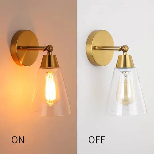 Vista 7 de MWZ Juego de 2 apliques de pared dorados, modernos apliques de latón cepillado con pantalla de vidrio transparente, accesorios de iluminación