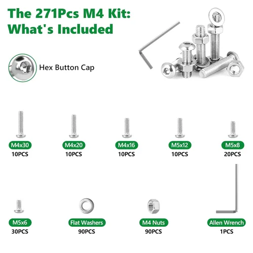 Vista 3 de Kit surtido de tornillos M4 de 271 piezas, cabeza de botón de acero inoxidable 304, tornillos hexagonales, tuercas, arandelas y llaves