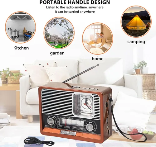 Vista 2 de Radio vintage multifuncional AM FM SW banda reloj linterna retroaltavoz con linterna LED, función de reloj, aspecto vintage para el hogar viajes