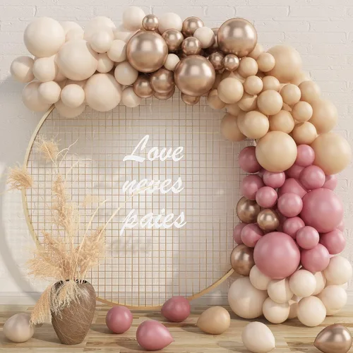 Kit de guirnalda de globos de color rosa y nude, guirnalda de globos de color rosa polvoriento con globos de oro champán blanco albaricoque,