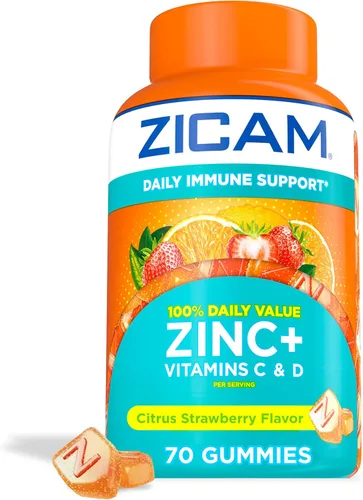 Zicam Apoyo inmunológico diario, suplemento de gomita, zinc, vitamina C y vitamina D, sabor cítrico y fresa, 70 unidades