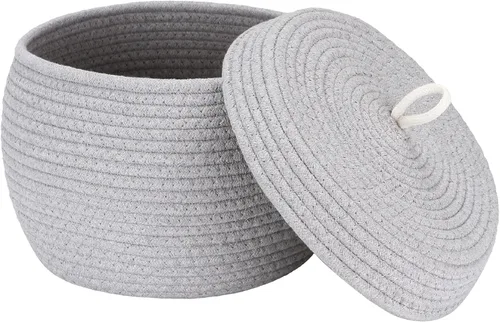 Vista 26 de Sea Team Cesta de almacenamiento redonda de cuerda de algodón con tapa, contenedor de almacenamiento tejido decorativo, cesto, maceta, caddy