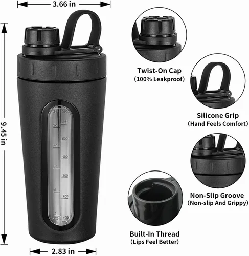 Vista 5 de TOOFEEL Coctelera de acero inoxidable, vaso de metal de 28 onzas para batidos de proteínas, 2 bolas batidoras, no se mantiene frío/caliente, ventana