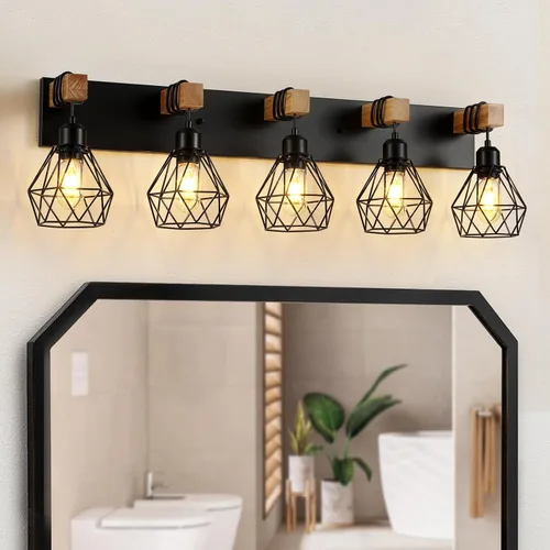 Vista 13 de Lámparas blancas para tocador de baño, luminarias de baño de madera de 2 luces sobre el espejo, apliques rústicos de pared con elegante pantalla