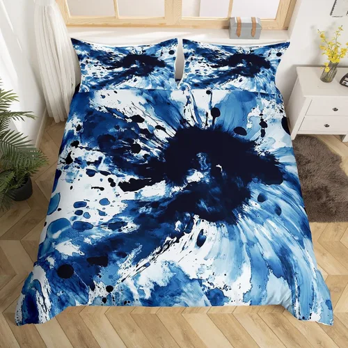 Erosebridal Juego de ropa de cama de teñido anudado, funda de edredón de teñido anudado azul, funda de edredón de vórtice en espiral, estilo