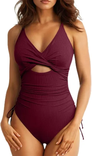 Aleumdr Traje de baño de una pieza con control de abdomen para mujer, escote en V sexy, corte alto, estilo monokini con tirantes cruzados Rojo Biking