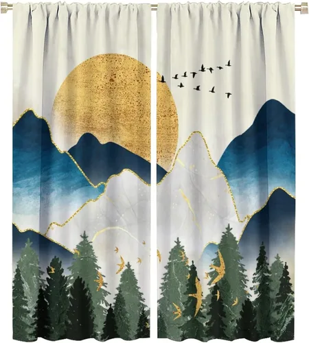 Vista 30 de Cortinas opacas abstractas de bosque y montaña para sala de estar, estilo retro, de mediados de siglo, bohemio, con diseño de mármol, aislamiento