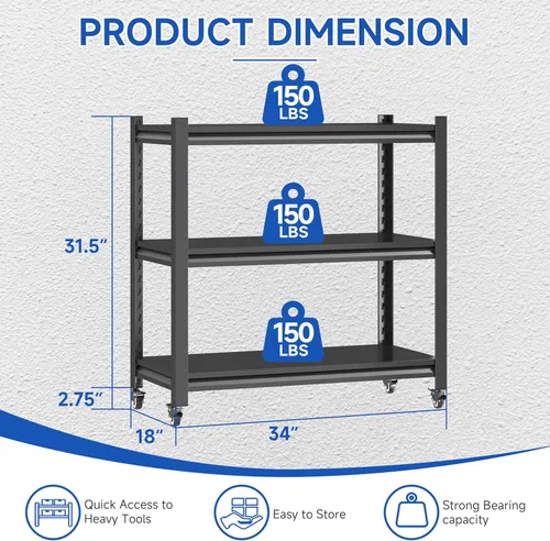 Vista 2 de Estantería de almacenamiento de garaje ajustable de 3 niveles, estante resistente con 4 ruedas, estantes de pie para garaje, hogar, despensa