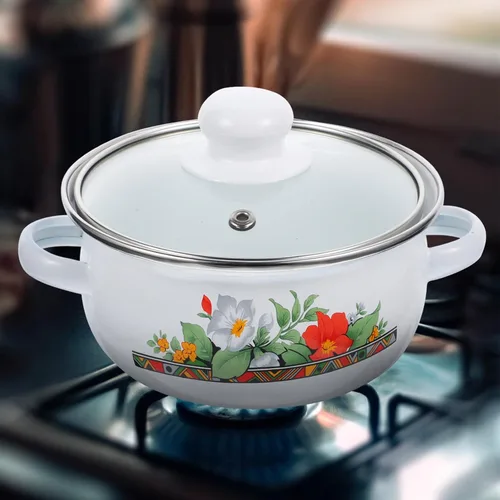 Vista 3 de Kichvoe Olla de esmalte con tapa, olla de cocina retro de frijoles esmaltados, olla para pasta, olla de sopa vintage con doble mango para cocinas