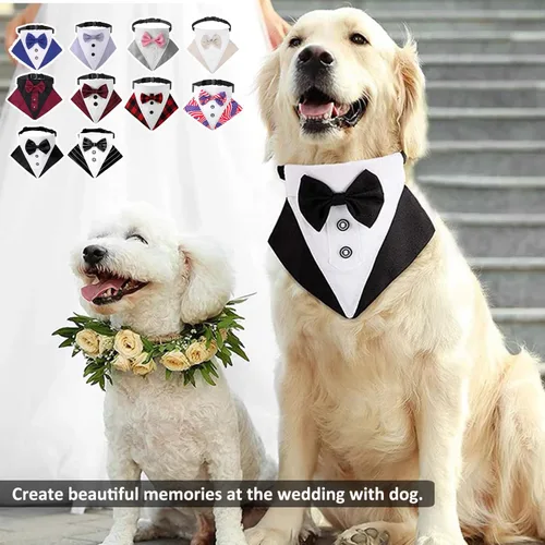 Vista 4 de HDKUW Esmoquin para perro, collar bandana de boda para perro con corbatín, disfraz formal de esmoquin ajustable para perros pequeños, medianos