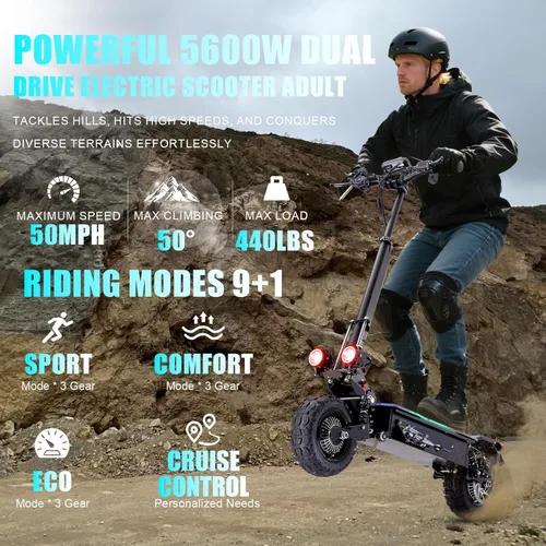 Vista 2 de 5600W Dual Motor Electric Scooter for Adults 50 MPH & 50 Miles Travel Range Foldable Kick Scooter with Steering Damper,Off Road Fat Tire E