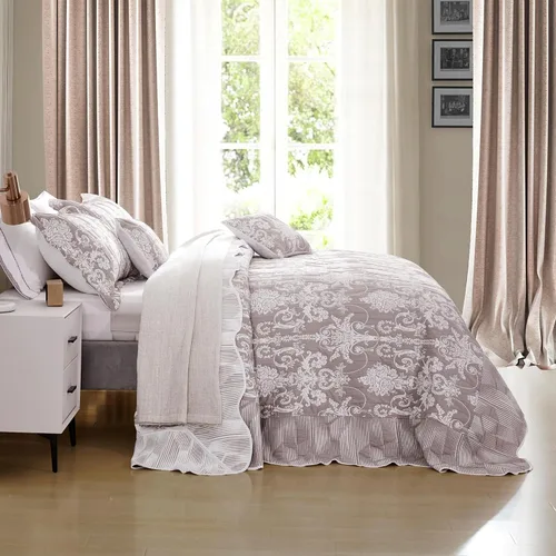 Vista 5 de Edredón extragrande para cama King, diseño de patrón damasco matelasse de jacquard, ligero, reversible, 5 piezas, 100% microfibra, pasta de frijol