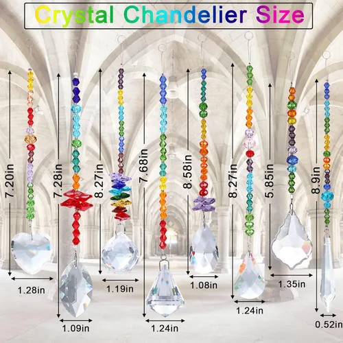 Vista 2 de JULMELON 8 piezas de cristales coloridos atrapasoles colgantes para ventana, colgantes de chakras de octogón arco iris, atrapasoles con cuentas