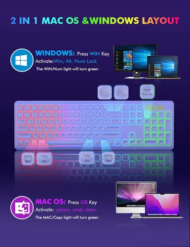 Vista 8 de Combo de teclado y mouse inalámbricos, retroiluminación RGB, recargable y letras iluminadas, tamaño completo, escritura suave, modo de suspensión