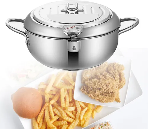 Vista 5 de Olla de acero inoxidable, sartén de aceite con termómetro, freidora de fondo plano desmontable de 7.9 in/9.4 in para anillos de calamar perfectos