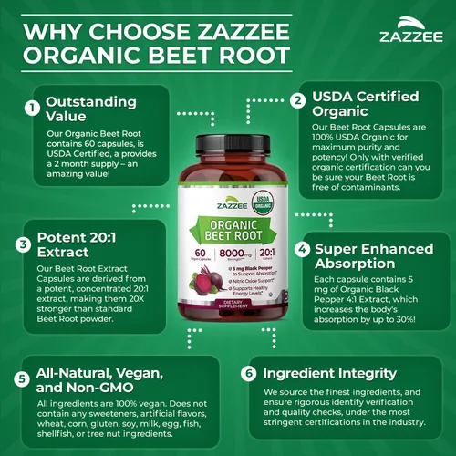 Vista 6 de Zazzee USDA Orgánico Extracto de Raíz de Remolacha 8000 mg Concentración 20:1, 60 Cápsulas Veganas de Liberación Rápida, Extracto de Pimienta Negra