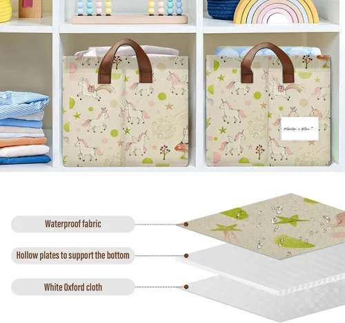 Vista 6 de Pink and Green Uncorns Sturdy Storage Basket Large Decorative Organizer with Handles Closet Clothes Organizer for Shelves Closet Books cajas