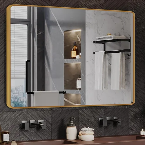 Vista 13 de Black Framed Mirrors for Bathroom,40 x 30 Inch Rounded Conner Rectangle Bathroom Mirror for Wall, Matte Black Vanity Mirror with Tempered