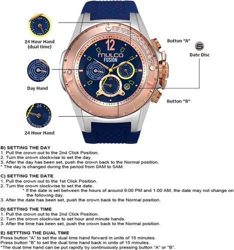 Vista 6 de MULCO Watches for Women-Blue Marine, Silver Stainless Steel Case with Silicone Wrist Band, Quartz Multifunction Movement,Large Analog Display