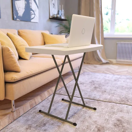 EMMA + OLIVER Bandeja de TV plegable de plástico ajustable de 30 pulgadas de altura/mesa portátil en blanco granito