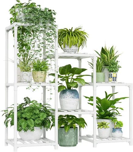 Vista 16 de Bamworld - Soporte esquinero para plantas de interior y exterior, mesa pequeña para varias plantas, estante de madera para jardín, patio, césped