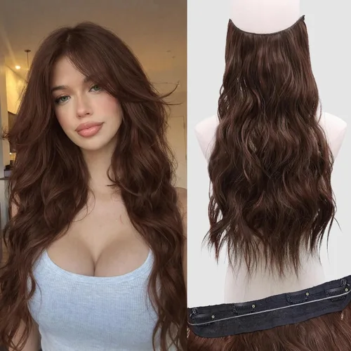 Vista 28 de Extensiones de cabello tipo halo de 20 pulgadas, extensiones de cabello con alambre invisible ajustable, largo, ondulado, sintético, mejorado, 4