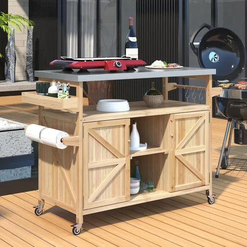 Vista 32 de Carrito móvil de isla de cocina de estilo moderno de 53 pulgadas de ancho con escritorio y gabinete de madera de goma, 5 cajones y ruedas