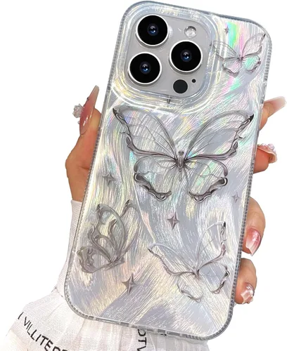 Vista 7 de I-MGAE-IN-AR - Funda diseñada para iPhone 12 y 12 Pro, diseño de mariposa plateada brillante, funda protectora de poliuretano termoplástico, suave