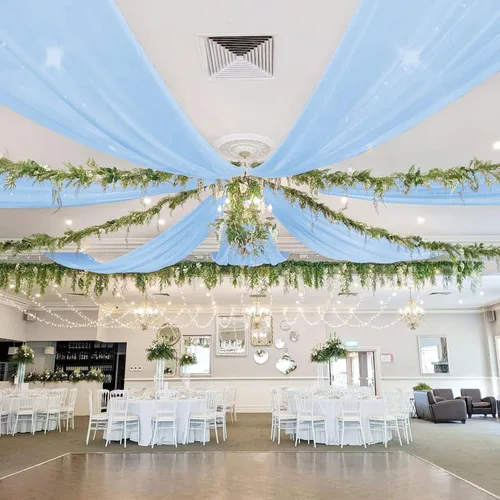 Vista 2 de Cortinas de techo azul bebé para bodas, 4 paneles de 20 pies, cortinas para techo, tela de drapeado de arco de boda, tela de tul para drapear techo