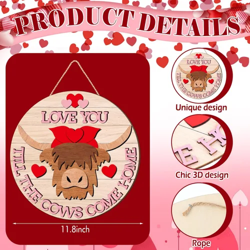 Vista 3 de Letrero de bienvenida rústico con diseño de vaca para el día de San Valentín, decoración para puerta delantera, porche, corona al aire libre