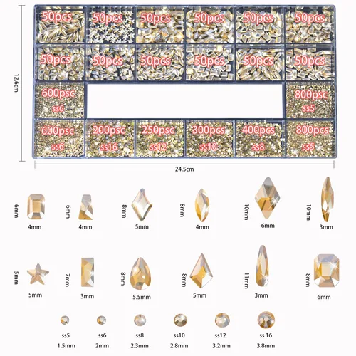 Vista 2 de Diamantes de imitación para uñas, 4300 unidades, oro champán, gemas de múltiples formas, diamantes de imitación de parte trasera plana, con kit