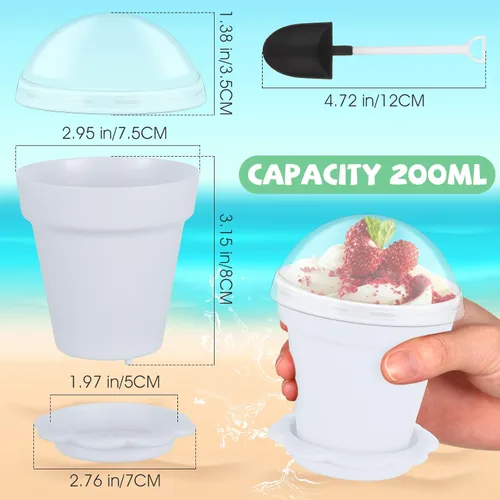 Vista 2 de Honeydak Paquete de 50 tazas de plástico para tartas de postre con tapa, pala, cuchara, bandeja inferior, tazas de postre, helado, yogur, Blanco