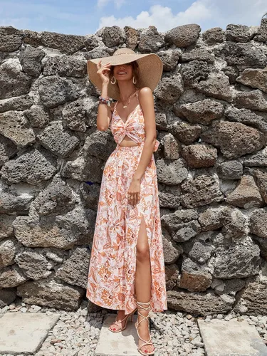 Vista 3 de Floerns Vestido maxi floral con cuello en V y espalda abierta para mujer