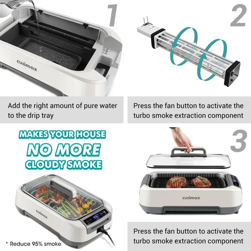 Vista 5 de CUSIMAX Parrilla eléctrica sin humo para interiores con placa extraíble antiadherente y plancha, barbacoa coreana de 1500 W con pantalla LED