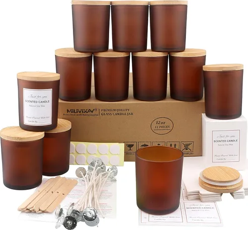 Vista 17 de MILIVIXAY Paquete de 12 tarros de vela de vidrio ámbar de 7 onzas con tapas y kits de fabricación de velas, tarros de velas vacíos a granel