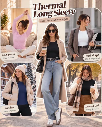 Vista 5 de Jecery 8 piezas de camisas térmicas de manga larga a granel para mujer, conjunto de camiseta térmica de cuello redondo, ropa interior de invierno