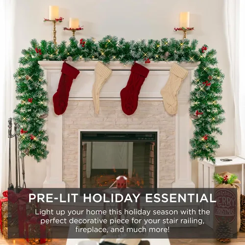 Vista 6 de Best Choice Products Guirnalda de Navidad preiluminada y predecorada de 9 pies para escaleras, chimenea, decoración con puntas de PVC, 50 luces