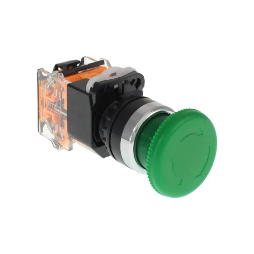 Vista 10 de Interruptor de botón de emergencia, cabeza de hongo verde, para equipos domésticos o industriales, salas de operaciones, cajas de distribución, NO